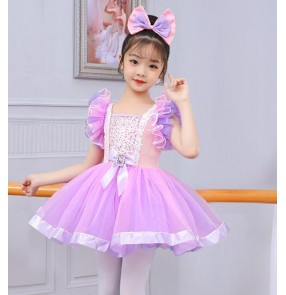 Girls kids pink with purple jazz dance dresses princess choir singers host dancers tutu skirts stage performance costumes for children